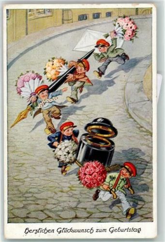1930 Gratulanten Dienstmänner Feder und Tintenfass , Geburtstag AK