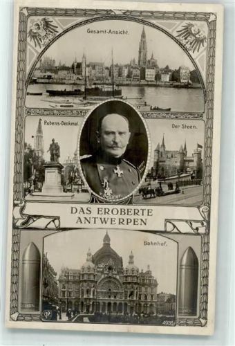 Sas eroberte Antwerpen Bahnhof General von Beseler Propaganda WK I Fotomontage AK