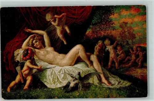 Galerie Münchener Meister sign. H. Rettig Erwachen der Venus , Amor nackte Frau Erotik AK