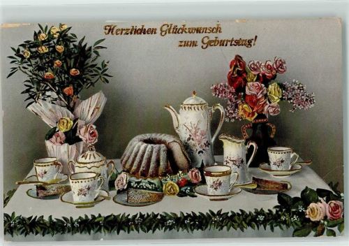 Geburtstag Kaffeeservice Kuchen Rosen Golddruck