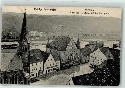 Wehlen Stadt 1910 Blick von der Ruine auf den Marktplatz