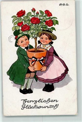 1917 Herlichen Glückwunsch Rosen Kinder Tracht Feldpost