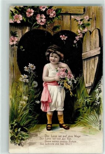 1909 Prägedruck Kind Blumen Der Lenz ist auf dem Wege Serie 776
