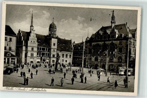 Halle WK II Marktplatz Händel-Denkmal Straßenbahn Altes Rathaus
