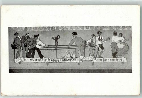 Vilsheim 1916 Wandbild Schiessvorschule Obergundihausen Tanz Spiel Tracht Kegeln Akkordion Gitarre Pfeife
