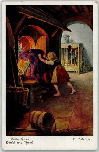 Brüder Grimm Hänsel und Gretel Hexe Backofen Käfig Karte 5 Nr 3716 Serie 125 Stempel WK II NS Ausbildungstrupp