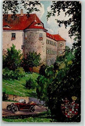 97348 W8711 Rödelsee Gebrauchsspuren Schloss Gut Schwanberg Auto Wappen Krone sign. C. Schmidt Künstlerkarte