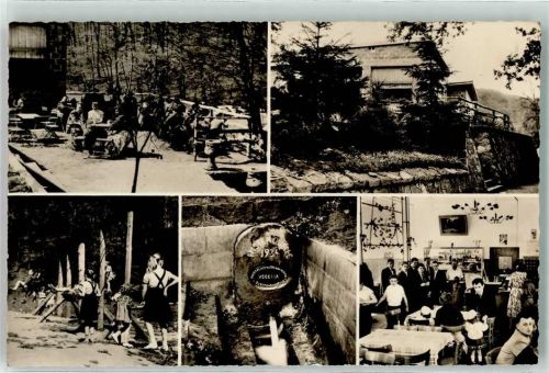 Forbach Cafe Restaurant Aux petites Vosges Gasthaus Kinder Wandbild Terrasse Brunnen