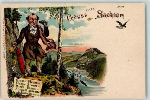 1898 Nr. 255 Gruss aus Sachsen , Spruch von Fritze Bliemelchen - Fernglas, Regenschirm,