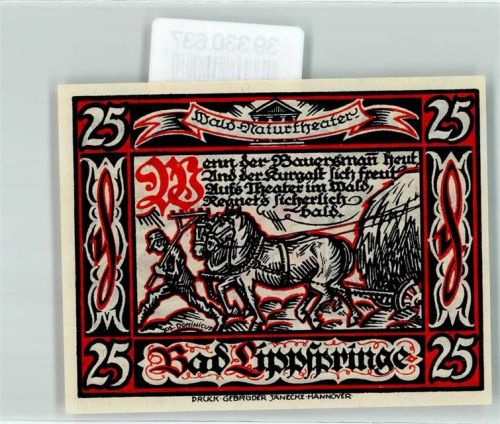 Bad Lippspringe Notgeld 25 Pfennig Wappen Kreuz 1921 Bauer Pferdewagen Rechen Landwirtschaft Wald Naturtheater