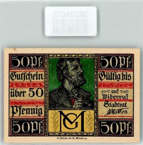 Aschaffenburg Notgeld 50 Pfennig Wappen Turm Religion