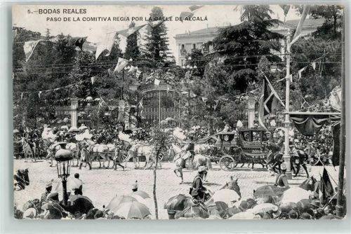 Madrid Royal Hochzeit Bodas Reales - Paso de la Comitiva Regia por la Calle de Alcala - Prunkkutsche Adel Spanien 1906