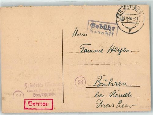 26789 W2950 Leer Ostfriesland - Stempel Gebühr bezahlt