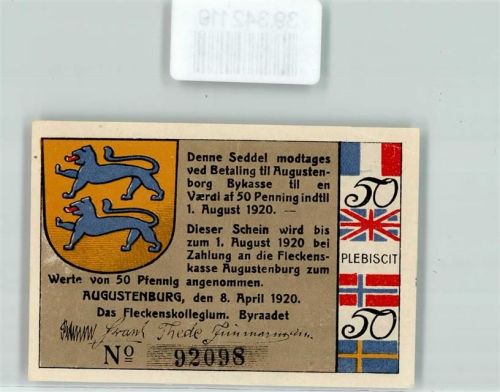 Augustenburg Notgeld Wappen 50 Pfennig Zahlung