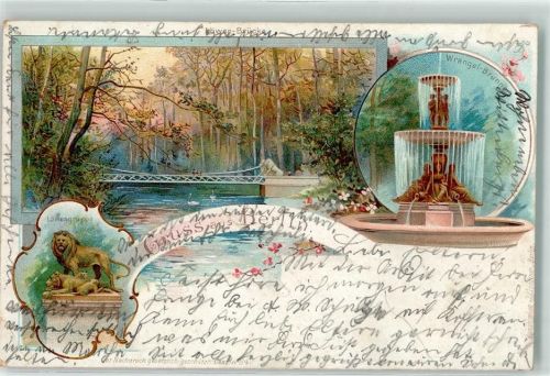 Kreuzberg 1898 Wrangel-Brunnen Löwengruppe Lithographie