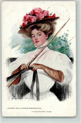 1910 A Fascinating Whip - Reiten Frau Hutmode mit Rosen AK