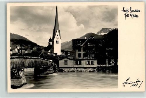 Zell Cag Gredler Kirche Uhr Brücke Berge Schnee