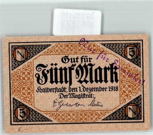 Halberstadt 1918 Notgeld Gut für 5 Mark Stadt Halberstadt der Magistrat Nr. 006945