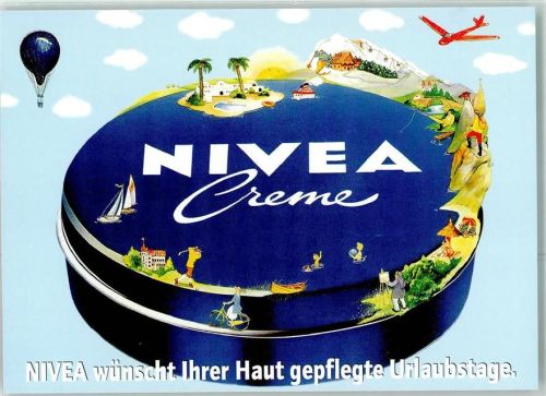 Hamburg Nivea Creme von Beiersdorf für den Urlaub Ballon Flugzeug Golf Fahrrad Staffelei Deutsche Post Gratis Postkarte