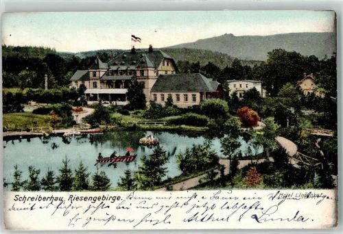 Schreiberhau 1906 Hotel Lindenhof Fahne Schwarz-Weiß-Rot Riesengebirge Ruderboot