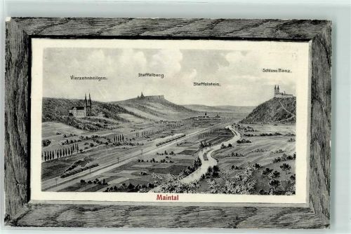 96231 W8623 Bad Staffelstein 1912 Prägedruck Vierzehnheiligen Kirche Staffelberg Schloss Banz Maintal Eisenbahn Lok Dampf Holzrahmen