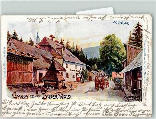 Lindberg 1904 Gasthaus Waldhaus Kutsche Gänse Hühner signiert Künstlerkarte
