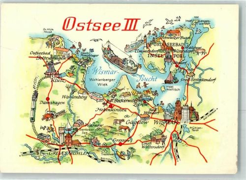 Wismar sign.Hoppe A. Vogelschau Ostsee III Wismar Bucht Frachtschiff