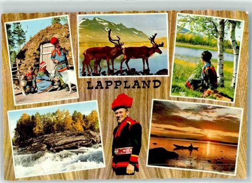 Lappland Rentier Volkstyp Tracht Ruderboot Sonnenuntergang Kind Hund Ziege