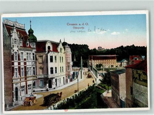 Crossen a.d. Oder Oderpartie Pferdewagen Auto Brücke Hans Stein Carl Machule W. Dame Kolonialwaren