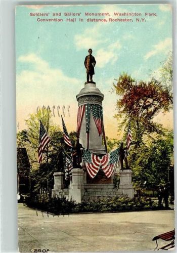Rochester 1910 Soldiers and Sailors Monument Washington Park Convention Hall in distance Fahne