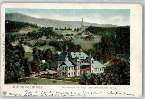 Schreiberhau 1903 Hotel Lindenhof Kath. Kirche Fahne Riesengebirge
