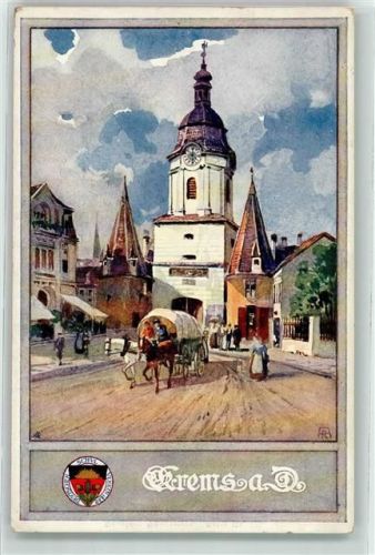 Krems 1916 sign. Wappen Deutscher Schul Verein Planwagen Pferd Kirche Uhr Turm