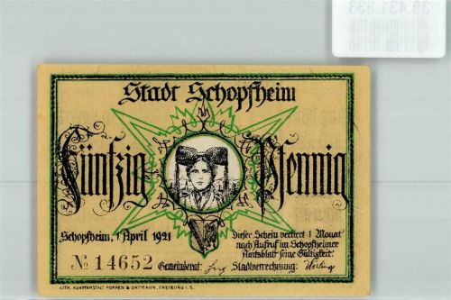 Schopfheim 1921 Fünfzig Pfennig Nr.14652 Tracht Der Mann im Mond Gedicht Johann Peter Hebel