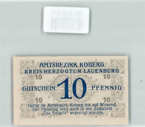 Koberg 1921 Notgeld Amtsbezirk Koberg Kreis Herzogtum Lauenburg Gutschein über 10 Pfennig Nr. 00788