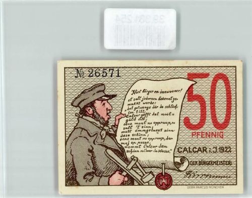 Kalkar Notgeld 50 Pfennig Türme Mann Mütze Schriftrolle