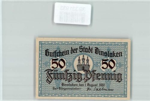 Dinslaken Notgeld Gutschein 50 Pfennig
