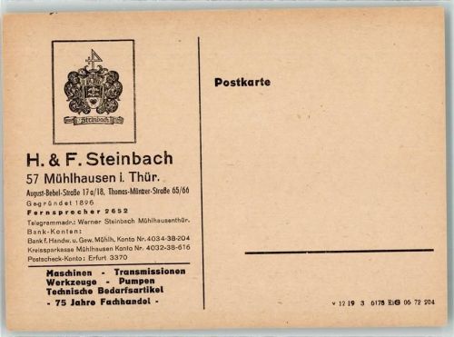 Mühlhausen Postkarte H. & F. Steinbach Technische Bedarfsartikel