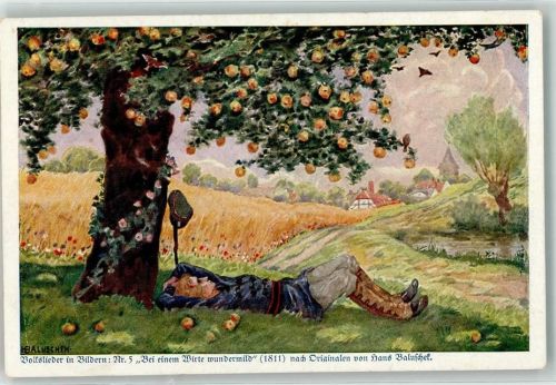 Volkslieder in Bilder Nr 5 Bei einem Wirte wundermild Apfelbaum Wohlfahrtskarte der Deutschen Kolonial-Kriegerspende