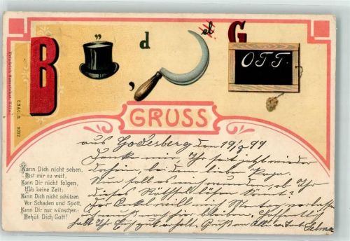 1899 Spruch Gruss Tafel Buchstaben Sichel E.B. C.i.B 9092