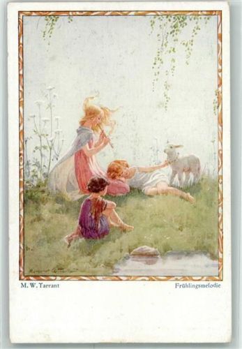 sign.M.W.Tarrant Frühlingsmelodien Kinder Lamm Flöte Künstler Studien Blätter Nr.3427