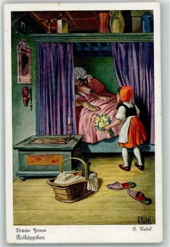 Gebrüder Grimm Wolf im Bett der Oma sign.O.Kubel Alvachrom Nr.3734 Serie 128