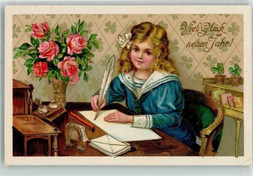 Neujahr Schreibfeder Rosen Hufeisen Kleeblätter SB Nr.2267