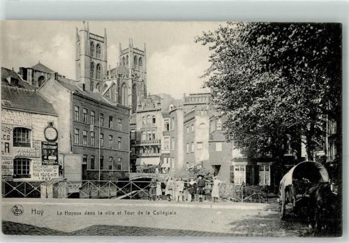 Huy 1916 Le Hoyoux dans la ville et Tour de la Collegiale Uhr Kinder Turm Pferdewagen Feldpost 46. Reservediv.