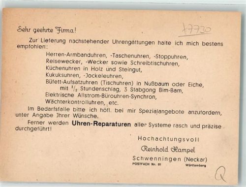 Schwenningen Reinhold Hampel Uhren Geschäftskorrespondenz