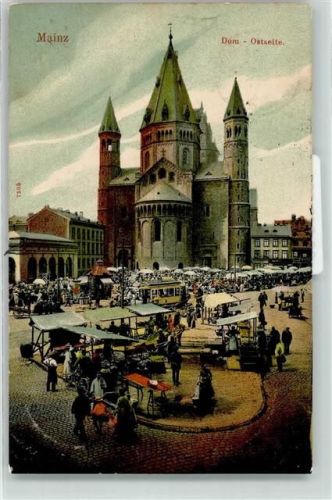Mainz 1907 Ostseite des Mainzer Domes Marktszene Straßenbahn