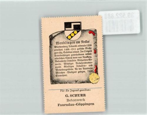 Wendlingen Wappensammelmarke Nr.535 Unsere deutsche Heimat Wappen und Chronik