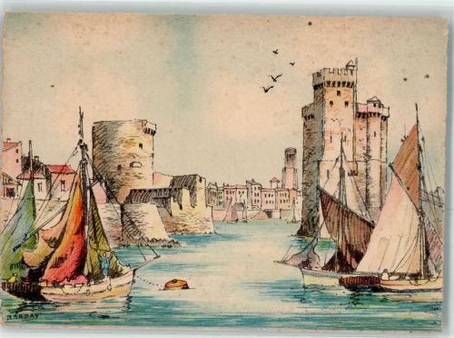 La Rochelle Eingag zum Hafen Segelboot sign. Barday