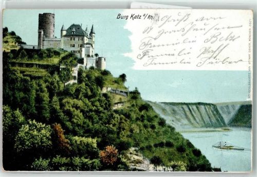 Katz, Burg 1906 mit Rheinschifffahrt