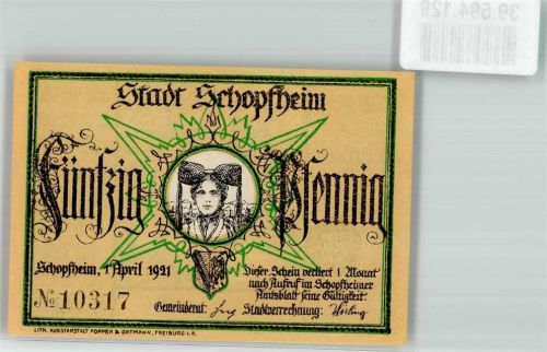 Schopfheim 1921 Schwarzwaldtracht 50 Pfennig Wappen Häfnet-Jungfrau sign. J.P. Hebel