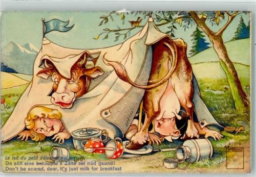 2 Kinder und eine Kuh im Zelt Essensgeschirr Serie Nr. 116